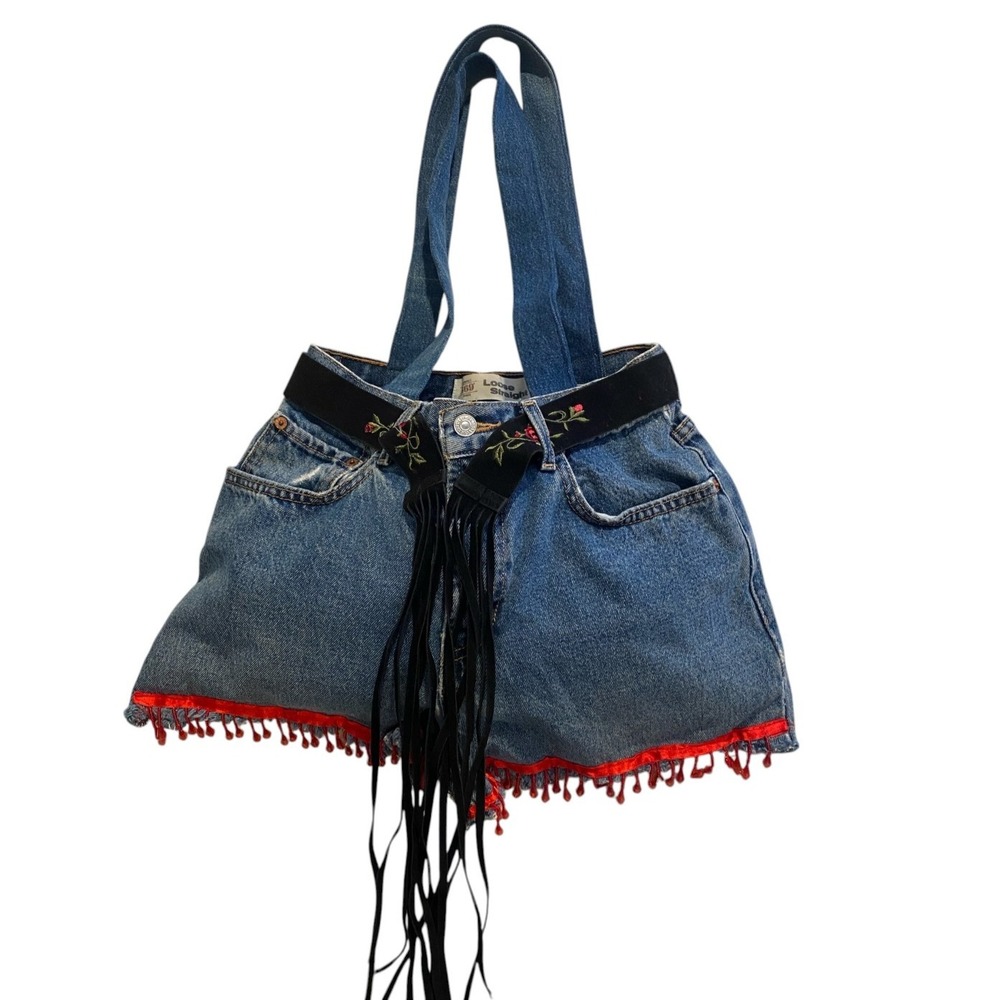 Handmade Upcycled BOHO Denim Jean Embellished Shoulder Bag #227M